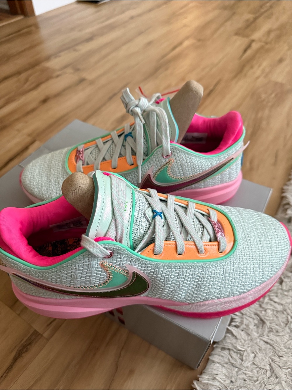 Lebron xx Nike Mint Green Sneakers with Hot Pink & Orange Accents